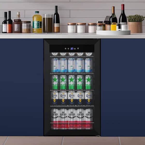 17.5 in. 145-Can Single Zone Beverage Cooler Freestanding in Black with Recessed Handle and Adjustable Storage