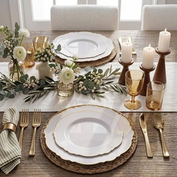 Anqtovp 60-Piece White and Gold Plastic Plates, 30 Heavy Duty Gold