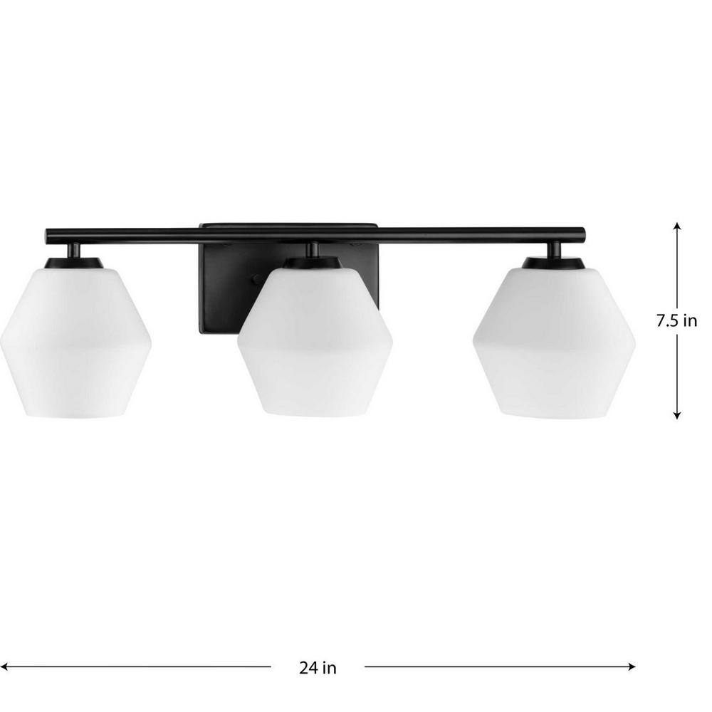 Matte Black Three-Light Geometric Vanity Light with Opal Glass Shades