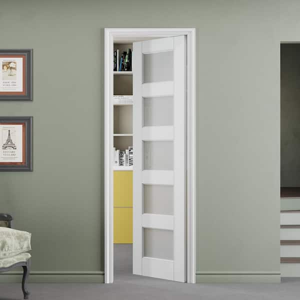 24 in. x 80 in. Solid Core 5-Lite Tempered Frosted Glass White Primed MDF Interior Door Slab