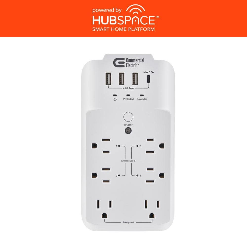 Commercial Electric 6Outlet Smart Surge Protector with 4 USB Ports, White, Powered by Hubspace