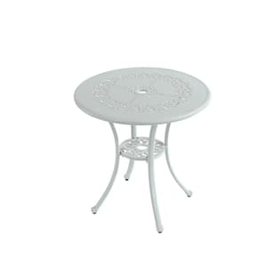 Round White Cast Aluminum Outdoor Patio Bistro Table with Umbrella Hole