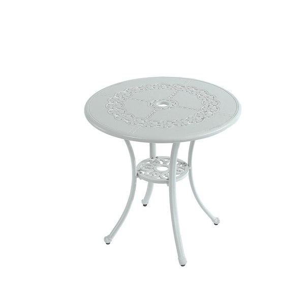 Mondawe Round White Cast Aluminum Outdoor Patio Bistro Table with Umbrella Hole