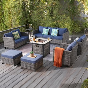 Mirage Gray 8-Piece Wicker Outdoor Patio Fire Pit Seating Sofa Set with Denim Blue Cushions and Swivel Rocking Chairs