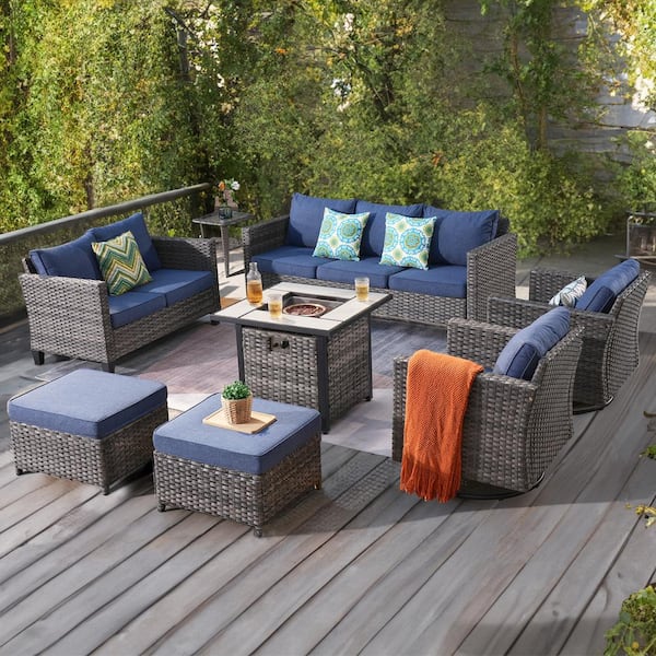 XIZZI Mirage Gray 8-Piece Wicker Outdoor Patio Fire Pit Seating Sofa ...