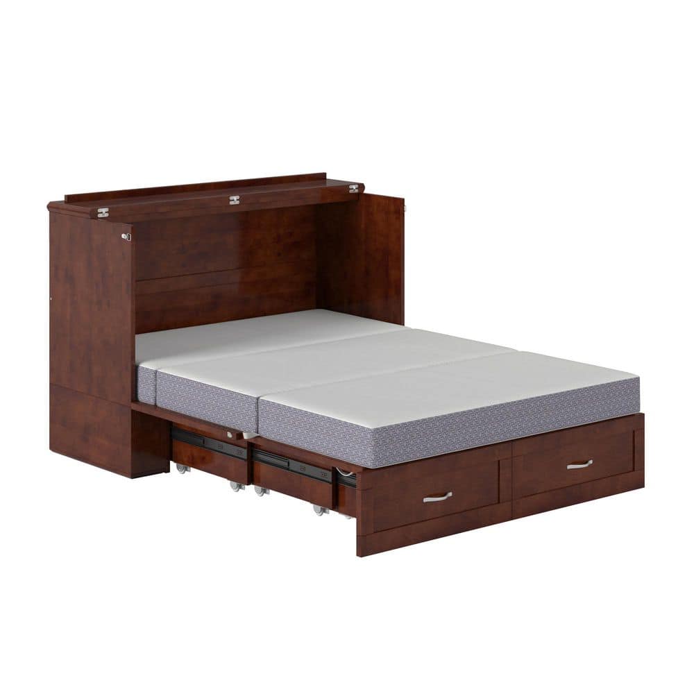 Walnut Full Murphy Bed Chest with Upholstered Wood Frame and Drawer