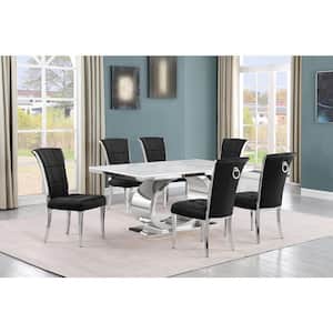 Ibraim 7-Piece Rectangle White Marble Top With Stainless Steel Base Dining Set With 6 Black Velvet Iron Leg Chairs