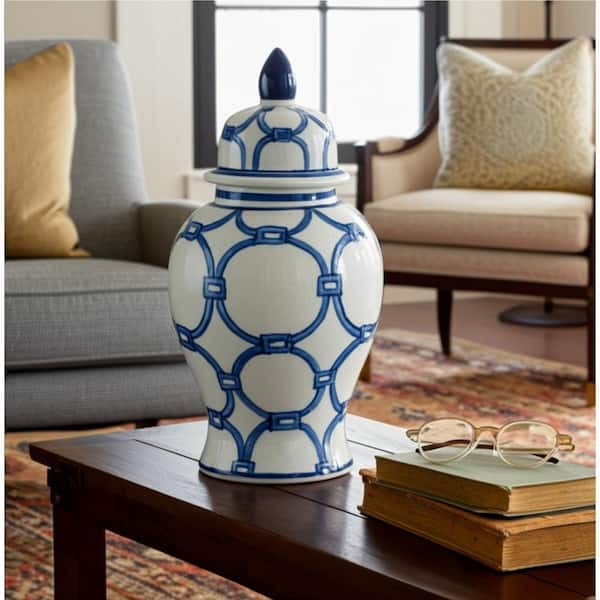 14.25 in. Blue Stoneware Round Links Temple Decorative Vase with Lid