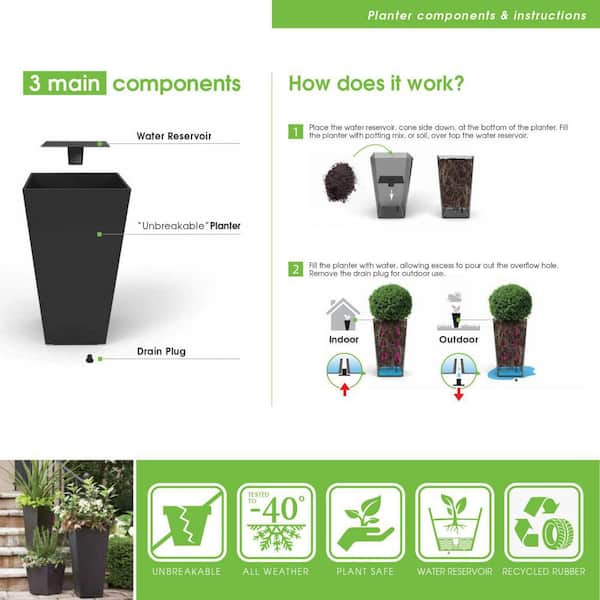 Vigoro Guinevere Medium Black Rubber Self-Watering Square Planter