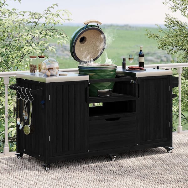 66.5 in. Black Outdoor Grill Table for Big Green Egg-21-22 in. Kamado Grills-Stainless Top-Drawer-Grilling Set