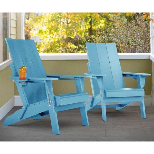 Mximu Oversized Blue HDPE Outdoor Plastic Folding Adirondack Chair with Cup Holder (Set of 2)