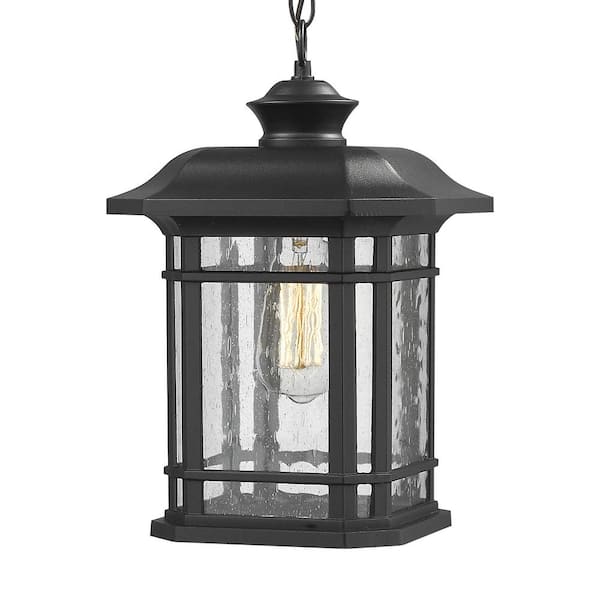 JAZAVA 14 in. 1-Light Black Outdoor Pendant Light with Seeded Glass and Bulb (Not Included)