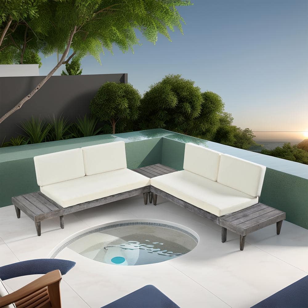 3-Piece Grey Outdoor Wood Sectional Sofa Set with Coffee Table Side Table a