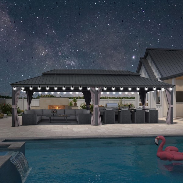 12 ft. x 26 ft. Gray Patio Outdoor Gazebo for Backyard Hardtop Aluminum Frame with Hooks, Netting, Curtain 48 Lights