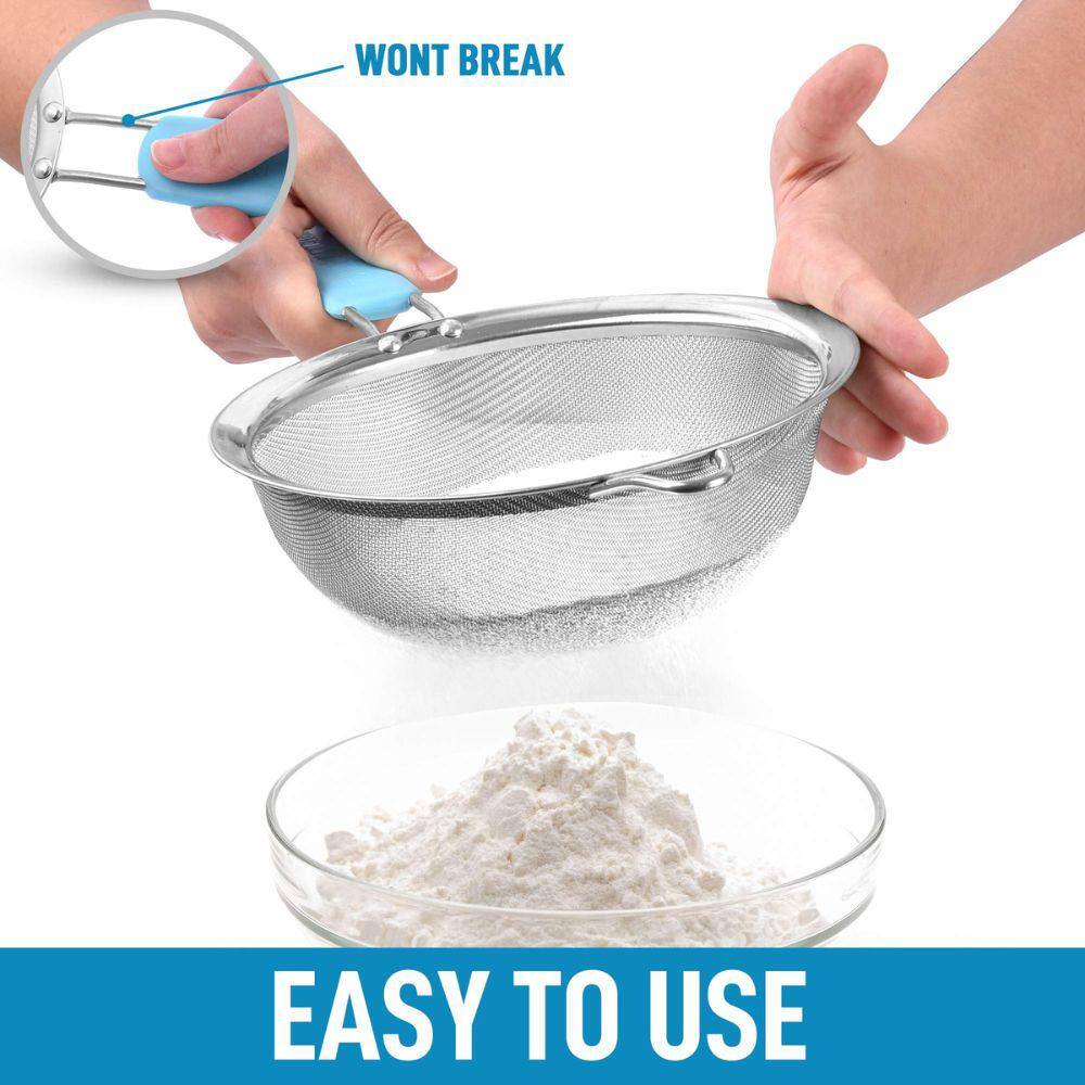 Blue Stainless Steel Mesh Strainer Set with Non-Slip Handles