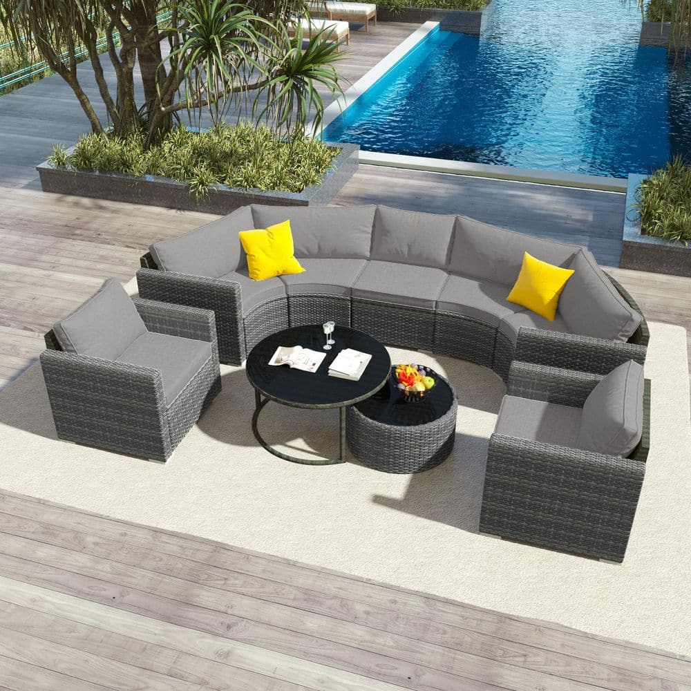Gray 9-Piece Half-Moon Wicker Outdoor Patio Sectional Sofa Set with Gray Cu