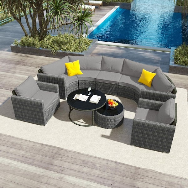 Unbranded Gray 9-Piece Half-Moon Wicker Outdoor Patio Sectional Sofa Set with Gray Cushions and 2 Free Overlapping Tables