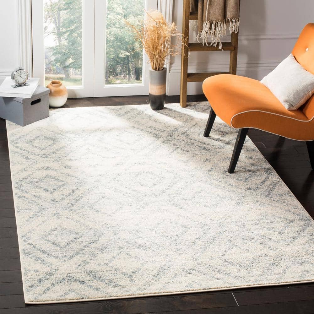 Ivory and Light Blue Geometric Rectangular Area Rug