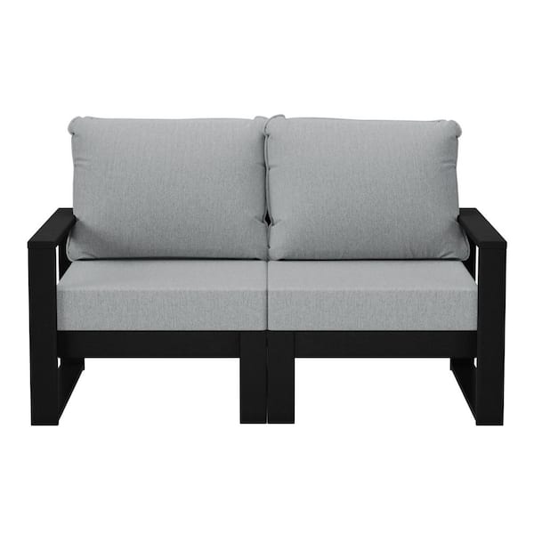 Endless Black Frame HDPE Plastic Outdoor Patio Modern Modular Loveseat with Light Gray Cushions