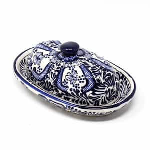 Mexican Blue Flower Pottery Butter Dish