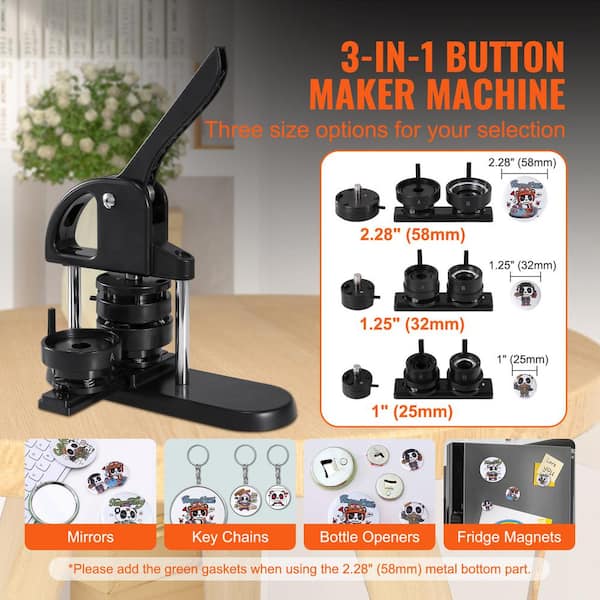 3-in-1 Button Maker Machine, 1/1.25/2.28 in. (25/32/58mm) Pin Press Kit, Installation-Free Badge Maker, 300 Button Parts