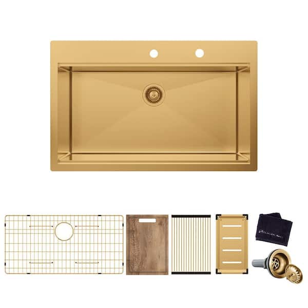 33 in. Drop In Single Bowl 18-Gauge Gold Stainless Steel Workstation Kitchen Sink with Accessories