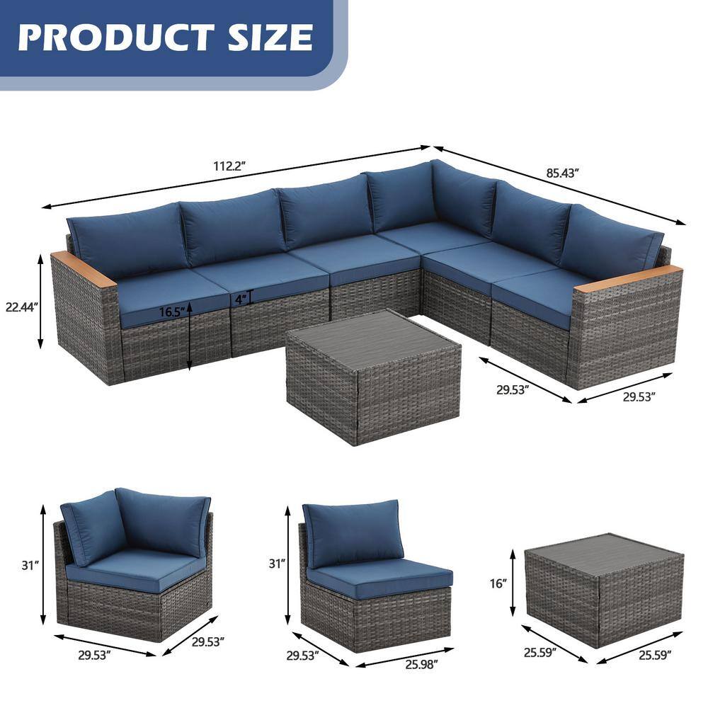 Navy Blue Cushioned 7-Piece Wicker Outdoor Sectional Sofa Set