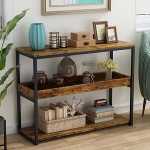 39.3 in. Rustic Brown Oak Standard Rectangle Wood Console Table with Storage