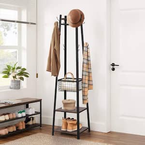 Industrial Coat Rack Freestanding, Brown 2-Clothes Stand with Metal Basket and 2-Shelves, Purse Hanger with 8-Dual Hooks