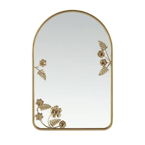 Unbranded Gold 19.75 in. W x 29.75 in. H Arched Iron Framed Decorative Wall Mirror, Vanity Mirror with Metal Floral Carving Desige