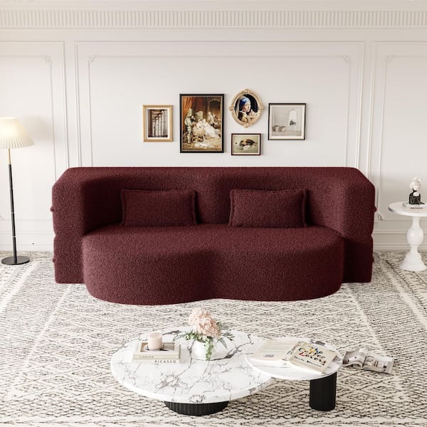 78 in. W Burgundy Teddy Fabric Full Size Convertible Sofa Bed, Compressed and No Assembly Required