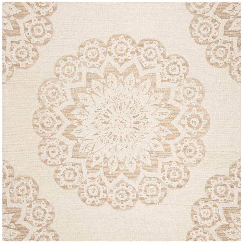 Ivory Floral Tufted Square Wool Handmade Area Rug 62"