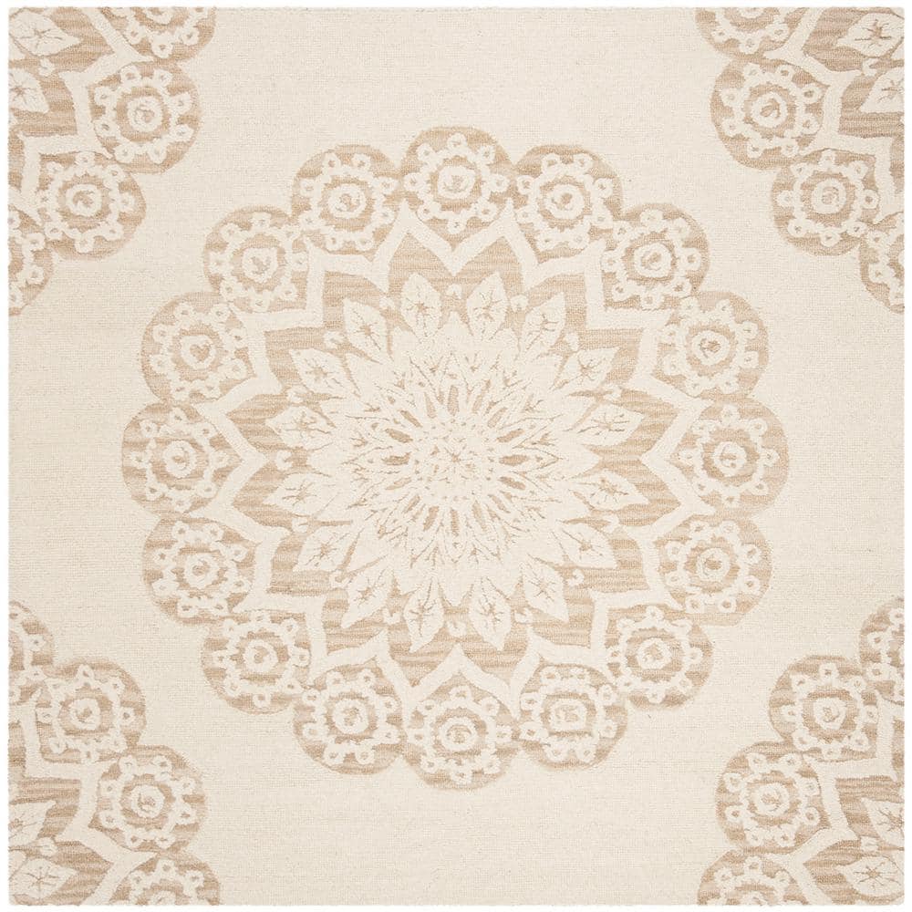 Ivory Floral Handmade Wool Square Area Rug