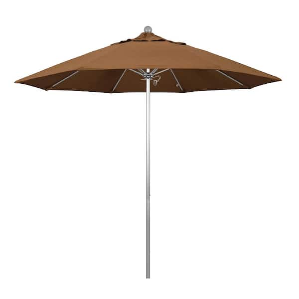 California Umbrella 9 ft. Silver Aluminum Commercial Market Patio Umbrella with Fiberglass Ribs and Push Lift in Teak Sunbrella