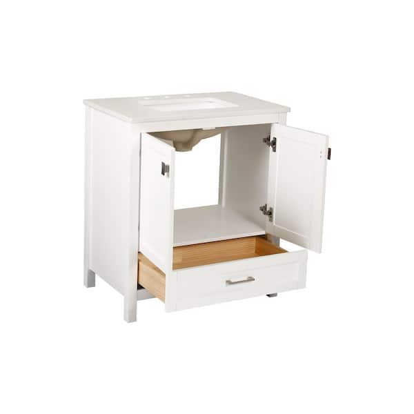 Solid Wood 30 in. W Single Sink Freestanding White Bath Vanity Cabinet with White Engineered Marble Top Assembled