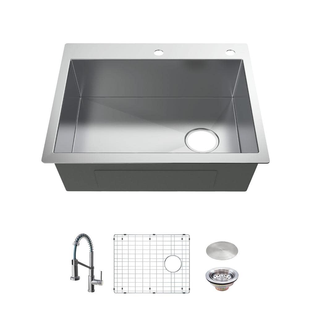 Glacier Bay AIO Zero Radius Drop-In/Undermount 16G Stainless Steel 30 in. 2-Hole Single Bowl Kitchen Sink with Spring Neck Faucet, Silver