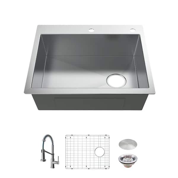 Glacier Bay Professional 30 in. Drop-In Single Bowl 16 Gauge Stainless Steel Kitchen Sink with Spring Neck Faucet