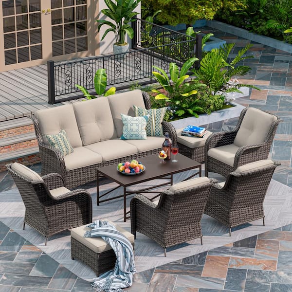 MeetLeisure 8-Piece Patio Conversation Sofa Set Furniture Sectional Seating Set with Beige Cushion and Coffee Table