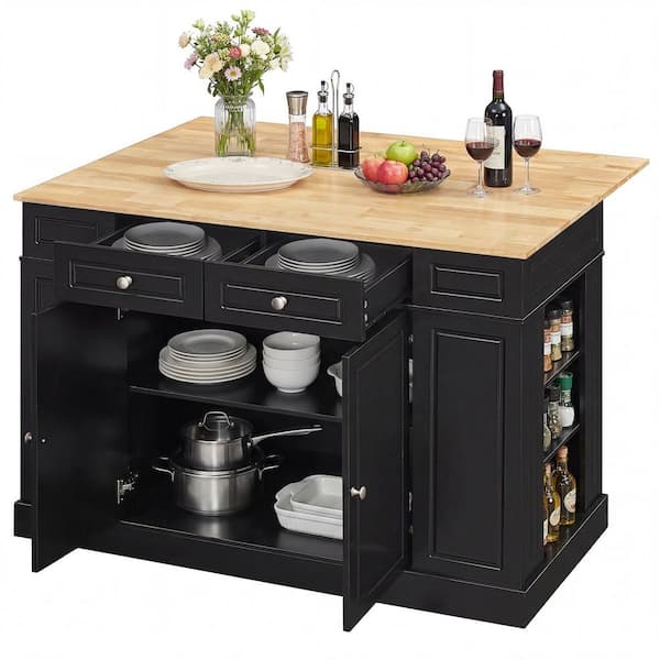 Black Wood 47 in. Large Kitchen Island Drop Leaf Breakfast Bar w/Wood Top Shelves Drawers