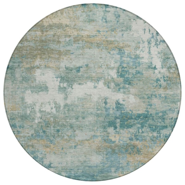 Chantille Machine Washable Indoor/Outdoor Abstract ACN2810 Aqua 8 ft. x 8 ft. Round Rug
