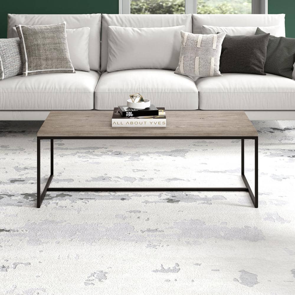 Antiqued Gray Oak and Bronze Metal Rectangular Coffee Table