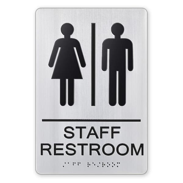 Unisex Restroom Sign Brushed Silver Aluminum Braille Staff Bathroom Sign Adhesive Back for Office Business