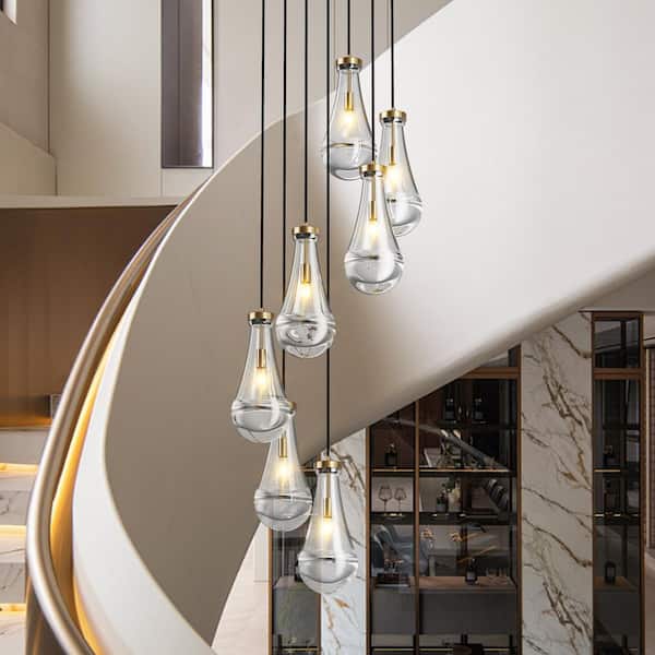17.7 in. 7-Light Gold Raindrop Chandelier Adjustable Cluster Pendant Light with Clear Glass Shade, No Bulbs Included