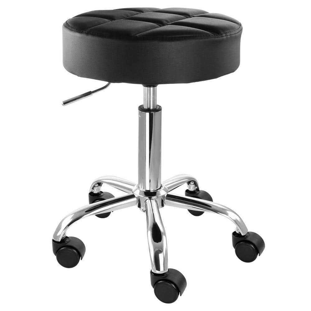 Faux Leather Adjustable Height Backless Rolling Stool Chair in Black with C
