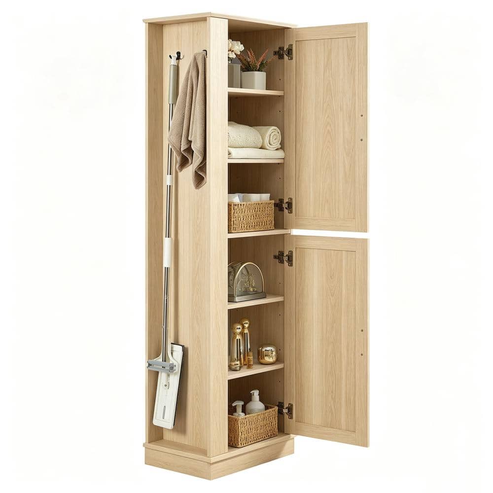 MDF Tall Storage Cabinet, Hooks & Adjustable Shelves, Natural Finish Multipurpose Home Organizer price history on PriceWatchPro