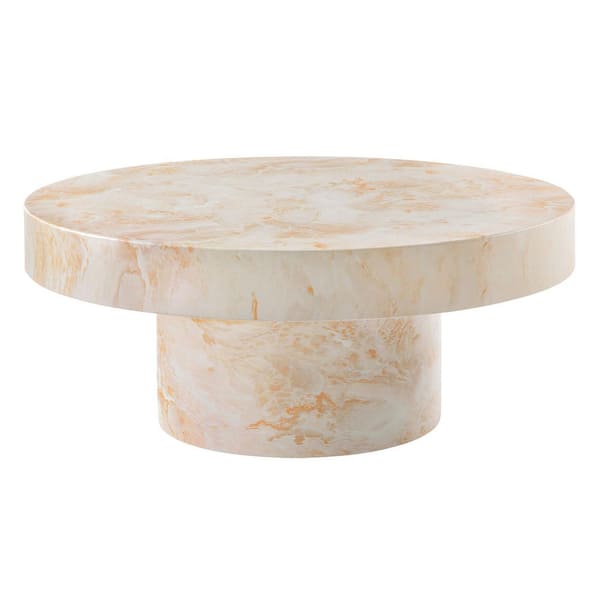 Alora Round Concrete Coffee Table with Faux Stone Finish in Honey Onyx-Cement Accent Table for Living Room