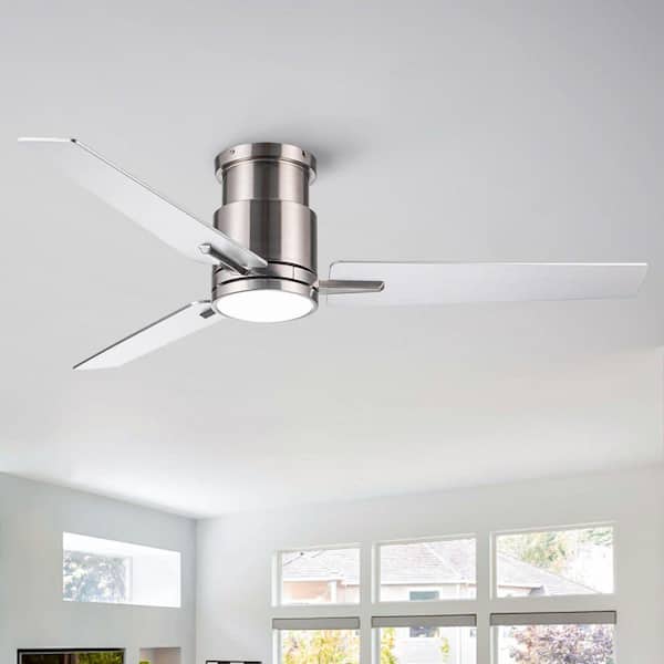 52 in. Modern Brush Nickel 6-Speed Sliver Blades Flush Mount Standard Ceiling Fan with 3-Color Dimmable LED Light