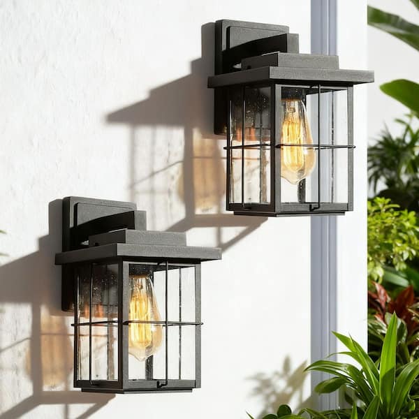 Mill 11 in. 2-Pack Black Square Outdoor Wall Lantern Sconce Modern Industrial Porch Metal Wall Lamp with Seeded Glass