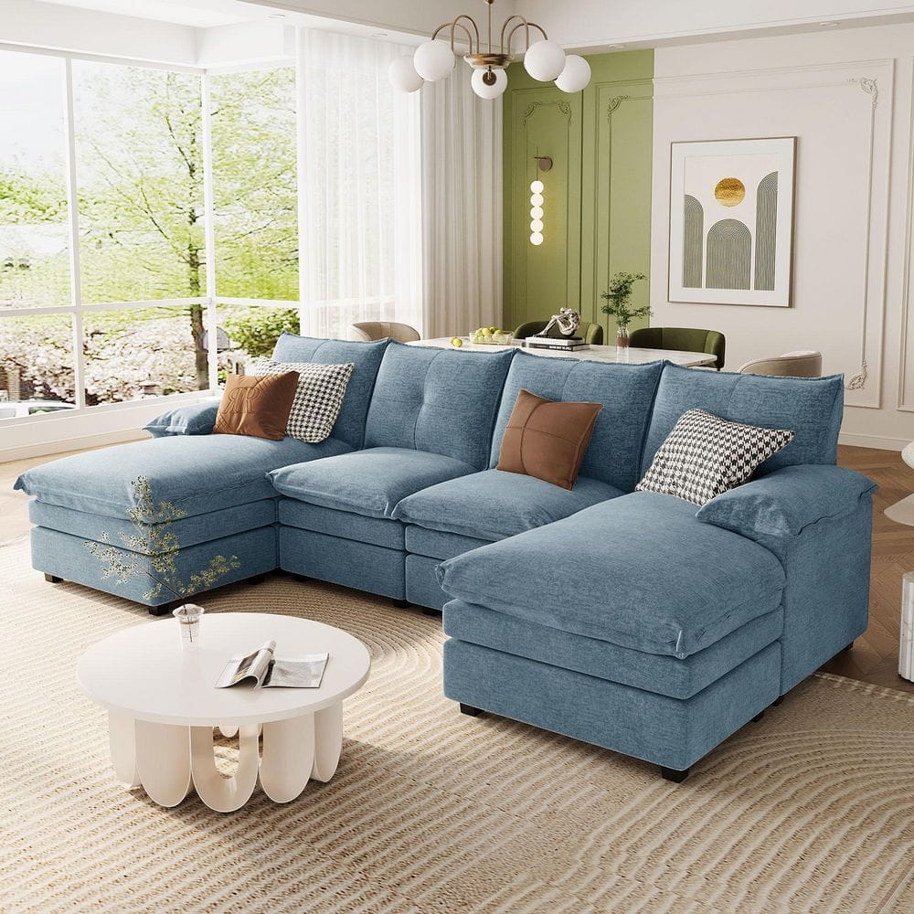 115.4 in. U-Shaped Chenille Sectional Sofa in Blue with Adjustable Armrest 