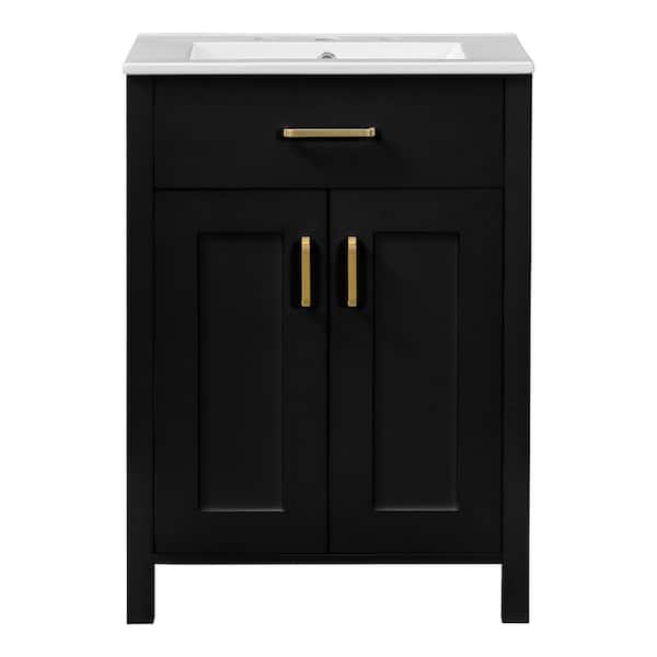 24 in. Freestanding Black Bath Vanity with White Ceramic Top 2 Soft-Close Doors